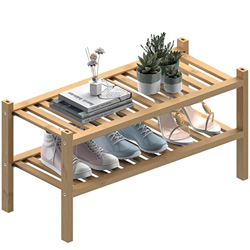 ROMGUAR CRAFT (Thick Bamboo Shoe Rack for Entryway, 2-Tier Free Standing Shoe Racks Stackable Shoe Rack Organizer for Hallway Closet Living Room 27 x12 x14 Inches - Image 1