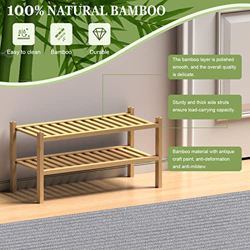 ROMGUAR CRAFT (Thick Bamboo Shoe Rack for Entryway, 2-Tier Free Standing Shoe Racks Stackable Shoe Rack Organizer for Hallway Closet Living Room 27 x12 x14 Inches - Image 5