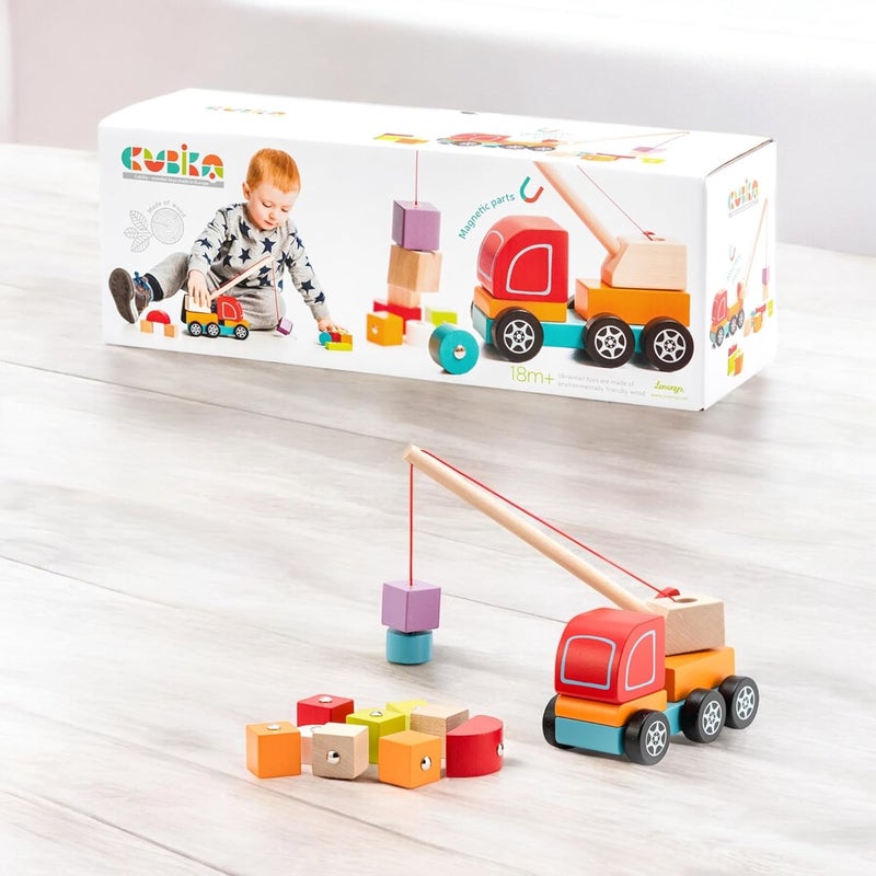 Cubika Wooden Crane Truck – Magnetic Construction Vehicle Playset for Toddlers Ages 18 Months+ – Montessori Toy for Fine Motor Skills, Creativity, and Imaginative Play - Image 3