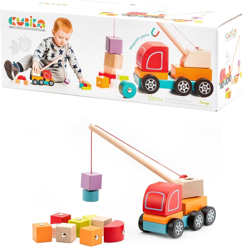 Cubika Wooden Crane Truck – Magnetic Construction Vehicle Playset for Toddlers Ages 18 Months+ – Montessori Toy for Fine Motor Skills, Creativity, and Imaginative Play - Image 1