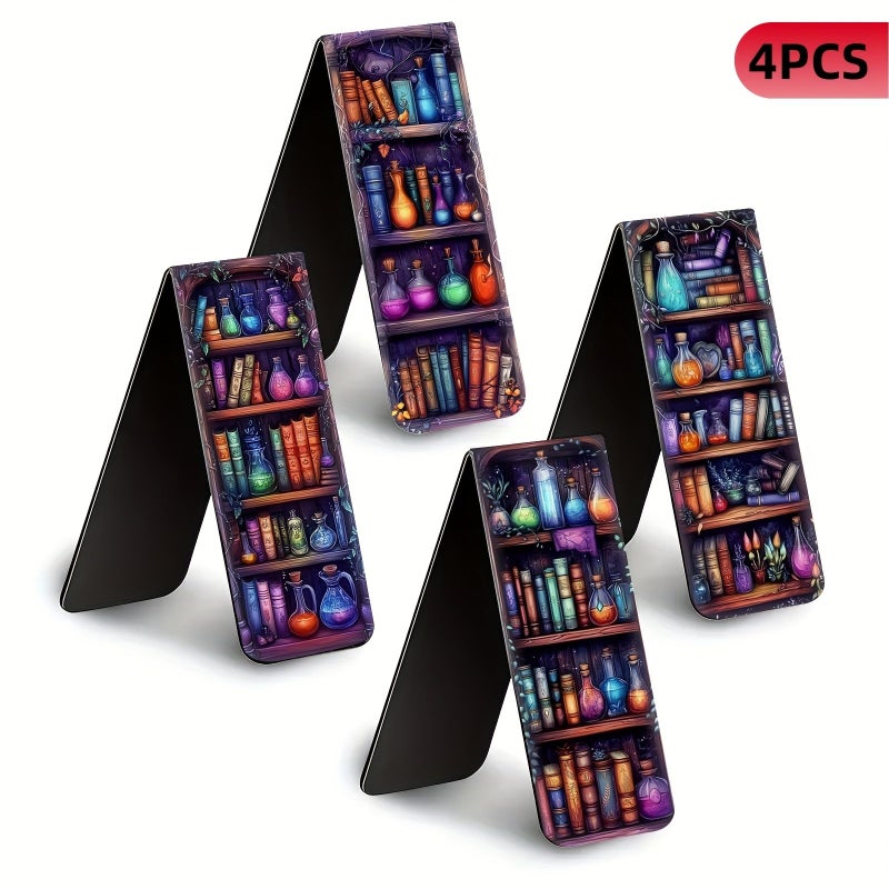 4 قطع علامات كتب مغناطيسية مقاومة للماء، علامات صفحات قابلة للطي بتصميم رف كتب، مشابك كتب متينة للكتب والمجلات والمخططات، للاستخدام المكتبي، طباعة عالية الدقة لفنون الخيال، هدية للمعلمين وعشاق الكتب والطلاب، مناسبة لأعياد الميلاد والتخرج والعودة إلى المدرسة. - Image 1