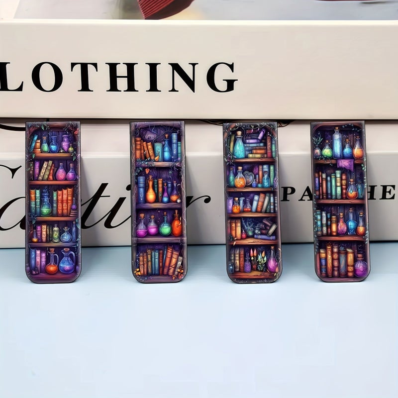 4 قطع علامات كتب مغناطيسية مقاومة للماء، علامات صفحات قابلة للطي بتصميم رف كتب، مشابك كتب متينة للكتب والمجلات والمخططات، للاستخدام المكتبي، طباعة عالية الدقة لفنون الخيال، هدية للمعلمين وعشاق الكتب والطلاب، مناسبة لأعياد الميلاد والتخرج والعودة إلى المدرسة. - Image 4