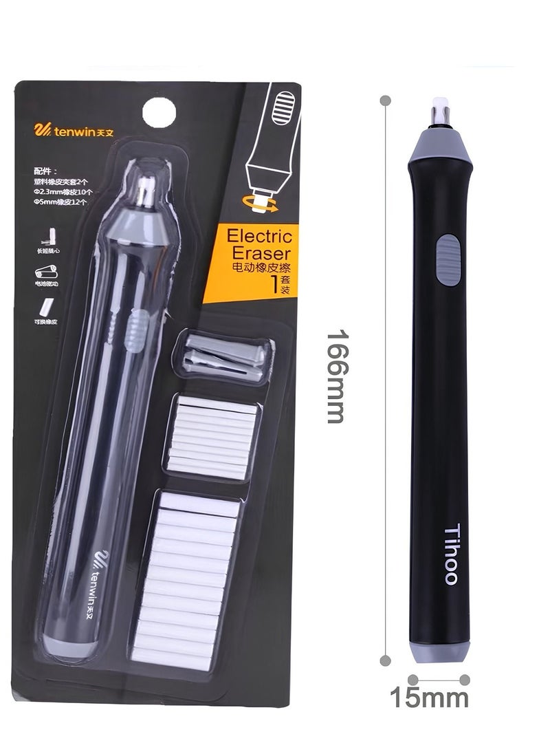 tenwin - black Electric Eraser Battery Operated Eraser Kit with 22pcs Additional Replaceable Rubbers for Artists Automatic Portable Pencil Eraser for Sketching Pencils Drafting Drawing Graphite Pencils - Image 1