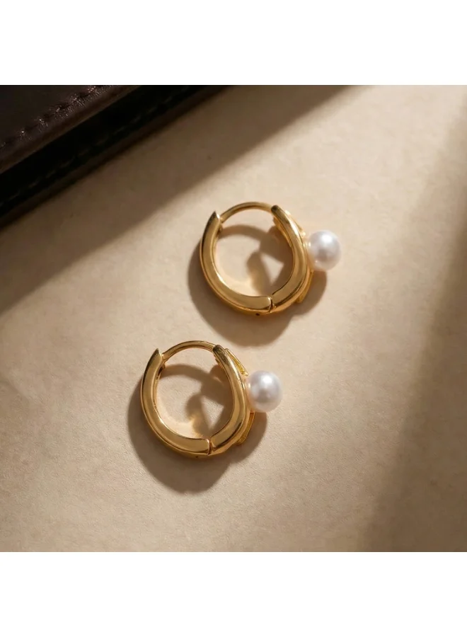 بالموناس 18K Gold Tone Plated Pearl Axis Hoop Earrings For Women - Waterproof & Anti-Tarnish
