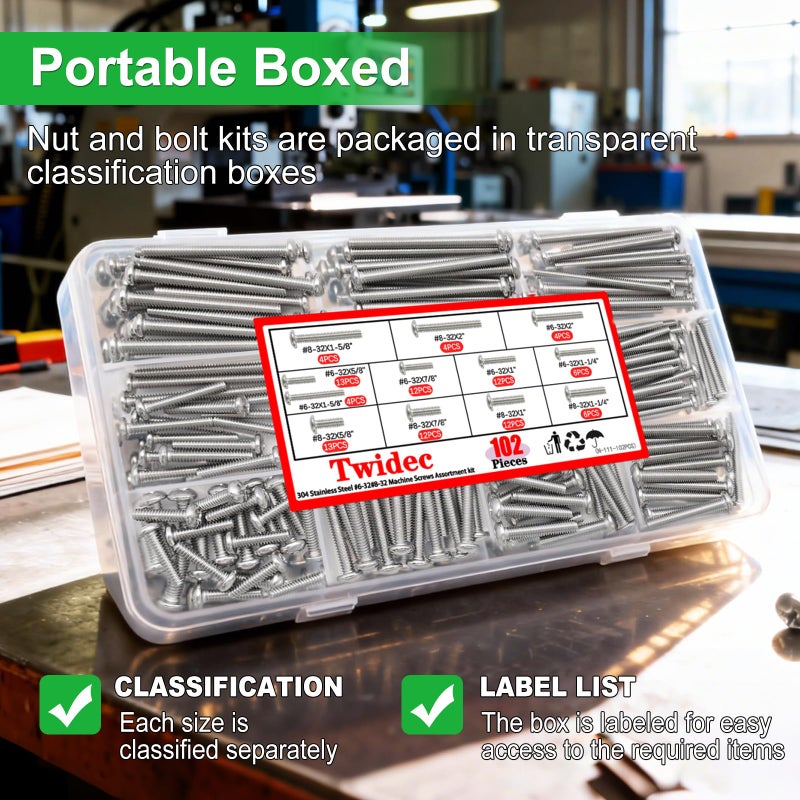 Twidec/102PCS Machine Screw Kit,304 Stainless Steel #6-32#8-32 Electrical Long Outlet Screws Phillips Pan Head Electricians Screws 5/8 to 2 inch for Wall Plate Switch, Receptacles Mounting Screw - Image 5