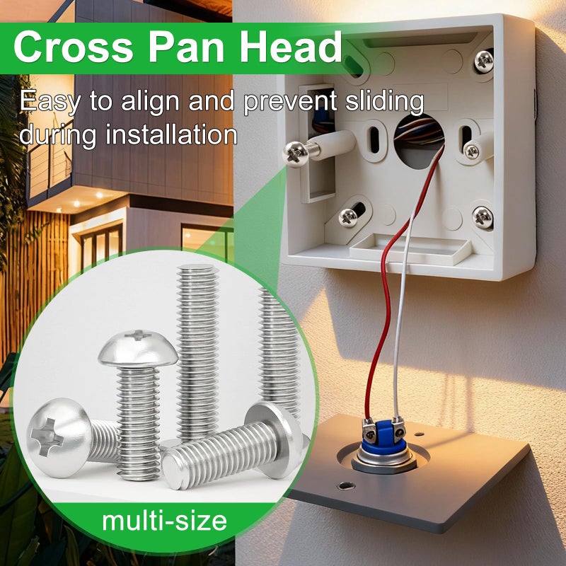 Twidec/102PCS Machine Screw Kit,304 Stainless Steel #6-32#8-32 Electrical Long Outlet Screws Phillips Pan Head Electricians Screws 5/8 to 2 inch for Wall Plate Switch, Receptacles Mounting Screw - Image 3