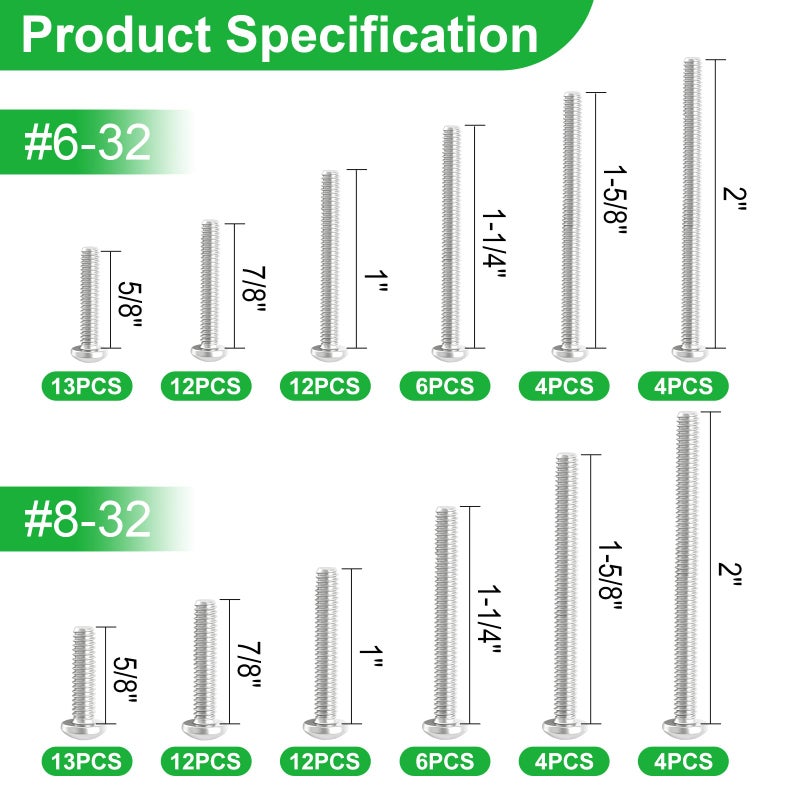 Twidec/102PCS Machine Screw Kit,304 Stainless Steel #6-32#8-32 Electrical Long Outlet Screws Phillips Pan Head Electricians Screws 5/8 to 2 inch for Wall Plate Switch, Receptacles Mounting Screw - Image 2