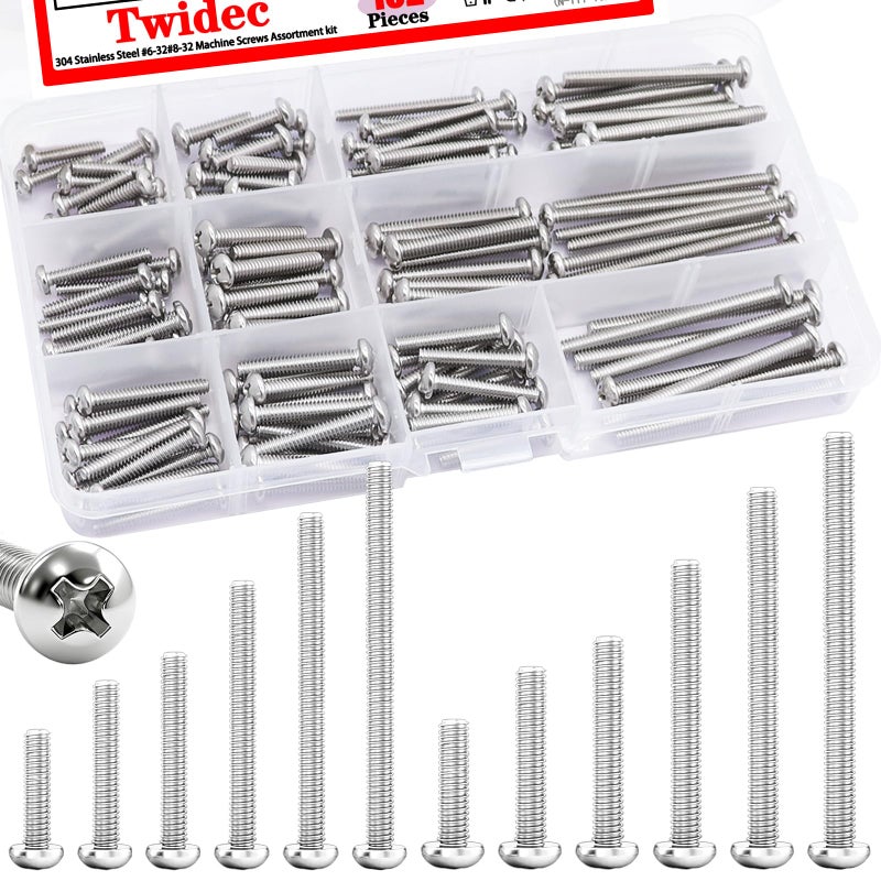 Twidec/102PCS Machine Screw Kit,304 Stainless Steel #6-32#8-32 Electrical Long Outlet Screws Phillips Pan Head Electricians Screws 5/8 to 2 inch for Wall Plate Switch, Receptacles Mounting Screw - Image 1