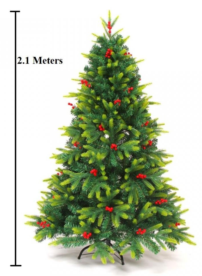 AIWANTO 2.1 m Realistic Christmas Tree with 1235 Full Branch Tips – Lush Green Needles with Light-Green Accents, Hinged Branches, Metal Stand & Pre-Attached Red Berries - Image 5
