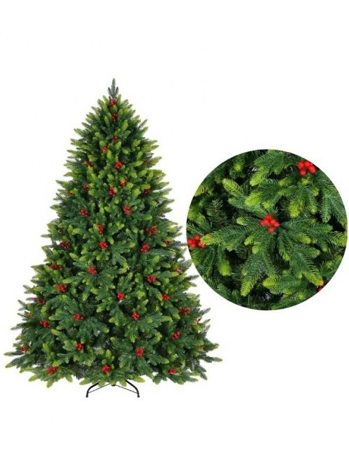 AIWANTO 2.1 m Realistic Christmas Tree with 1235 Full Branch Tips – Lush Green Needles with Light-Green Accents, Hinged Branches, Metal Stand & Pre-Attached Red Berries - Image 2