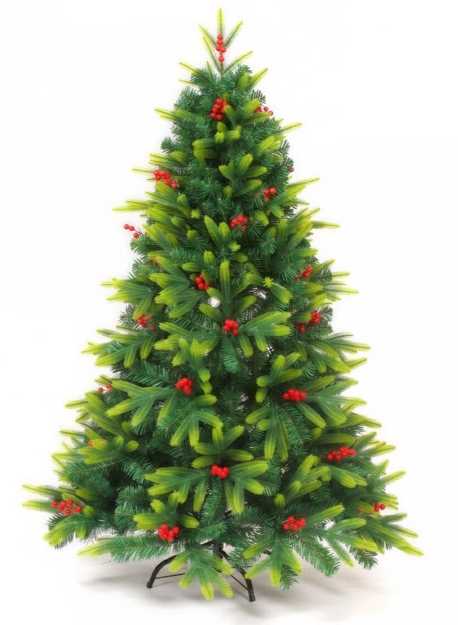 AIWANTO 2.1 m Realistic Christmas Tree with 1235 Full Branch Tips – Lush Green Needles with Light-Green Accents, Hinged Branches, Metal Stand & Pre-Attached Red Berries - Image 1