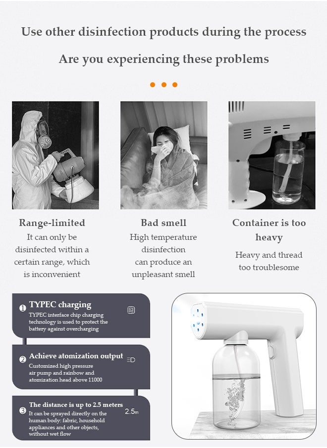 DUNISO Nano spray disinfection spray gun, hand held rechargeable blue light atomizing air disinfection machine, electric spray machine, suitable for home, office, school or garden, 300ml, white  - Image 3