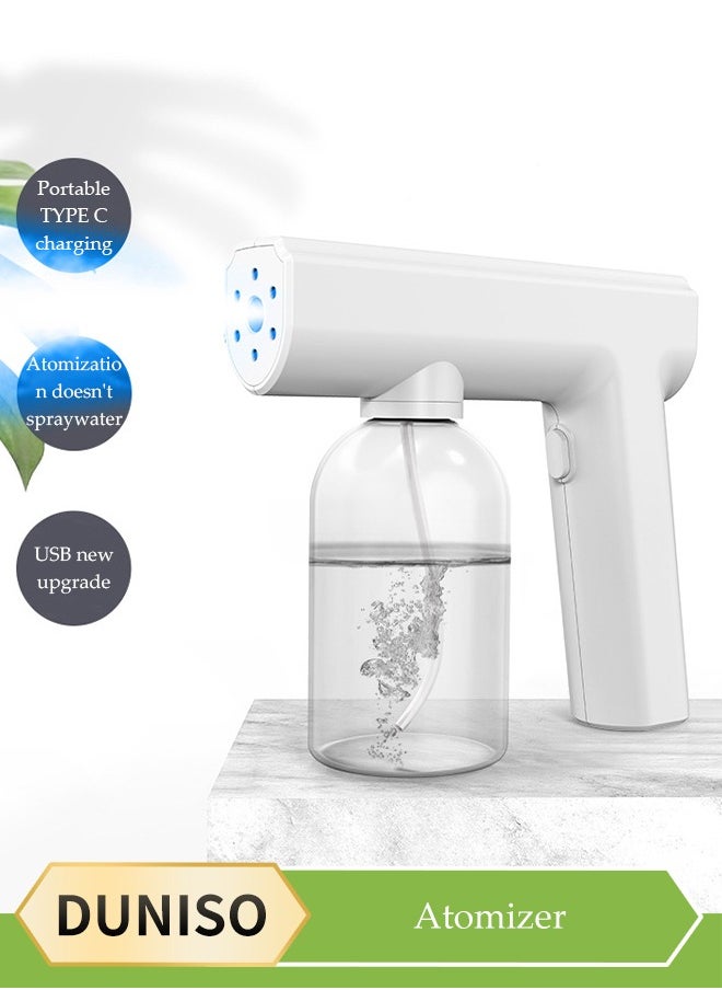 DUNISO Nano spray disinfection spray gun, hand held rechargeable blue light atomizing air disinfection machine, electric spray machine, suitable for home, office, school or garden, 300ml, white  - Image 1