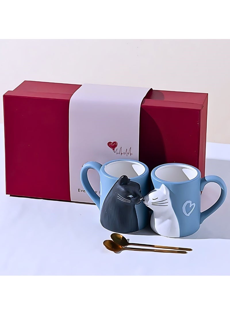 SOLARAE Matching Couples Ceramic Cat Coffee Mugs with 2pcs Golden Teaspoon, Matching Gift For Birthday, Anniversary, Wedding, Engagement Valentines Day Red 350ml - Image 1