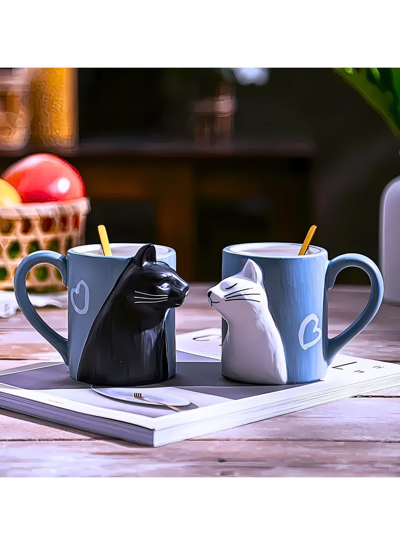 SOLARAE Matching Couples Ceramic Cat Coffee Mugs with 2pcs Golden Teaspoon, Matching Gift For Birthday, Anniversary, Wedding, Engagement Valentines Day Red 350ml - Image 2