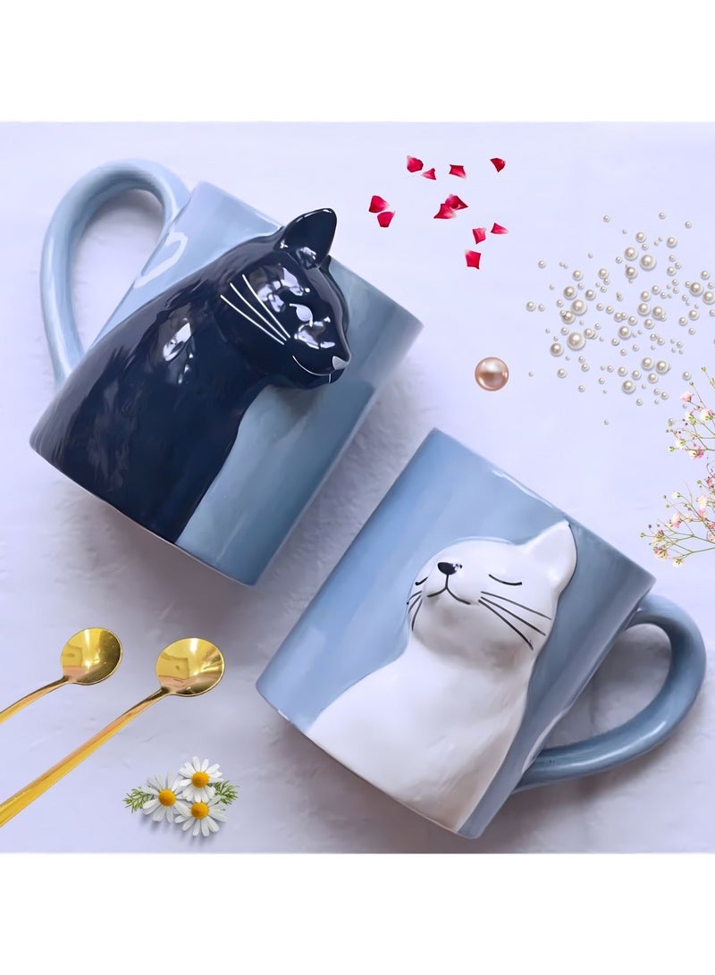 SOLARAE Matching Couples Ceramic Cat Coffee Mugs with 2pcs Golden Teaspoon, Matching Gift For Birthday, Anniversary, Wedding, Engagement Valentines Day Red 350ml - Image 4