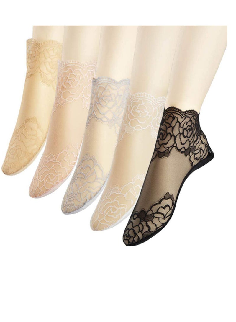 KASTWAVE Lace Ankle Socks For Women, Non Slip Lace Cotton Ankle Socks, Women Ultra Thin Short Ankle Socksruffle socks, Fishnet Ankle Women Socks (5Pairs) - Image 1
