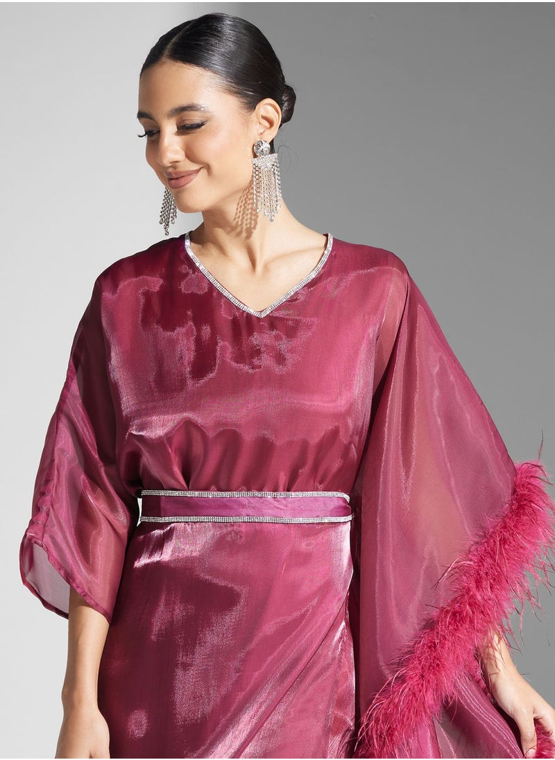 hayas closet - V-Neck Belted Fur Detail Dress - Image 1
