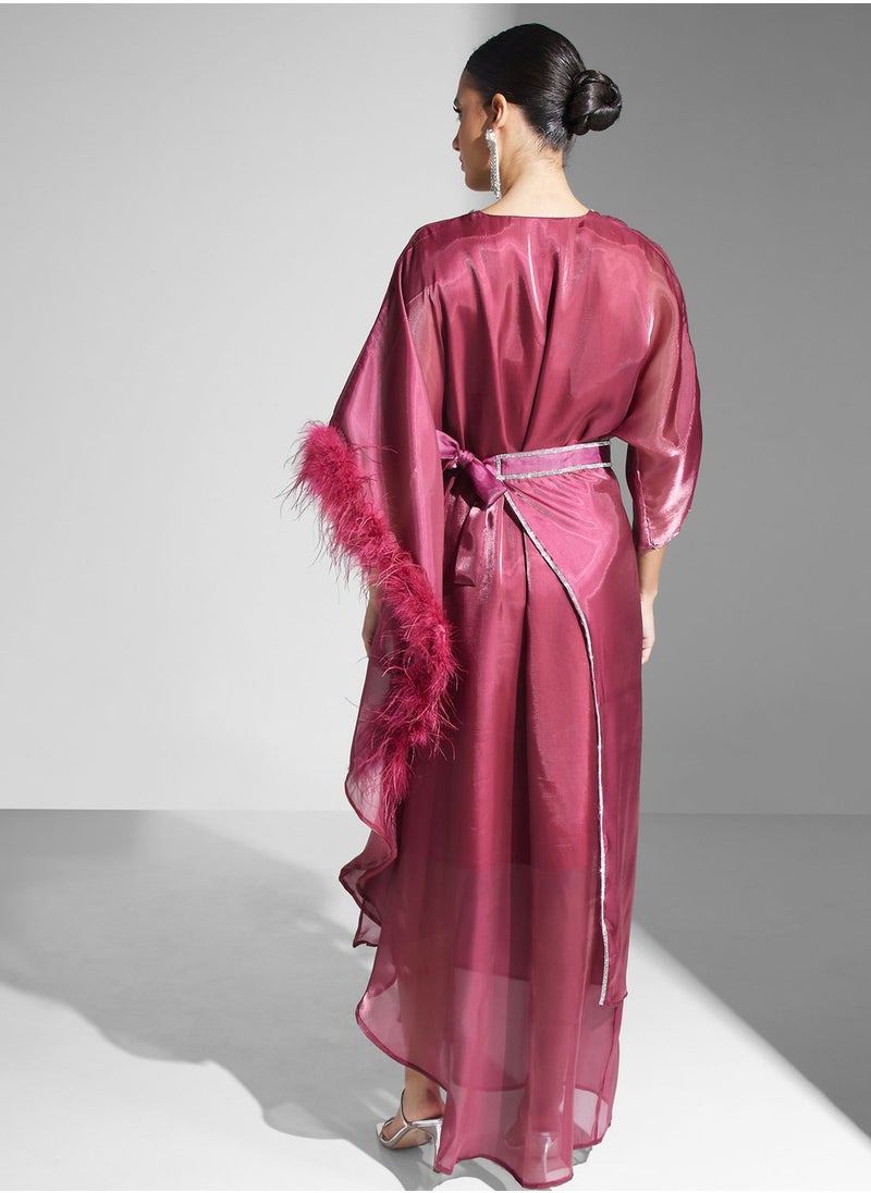 hayas closet - V-Neck Belted Fur Detail Dress - Image 1