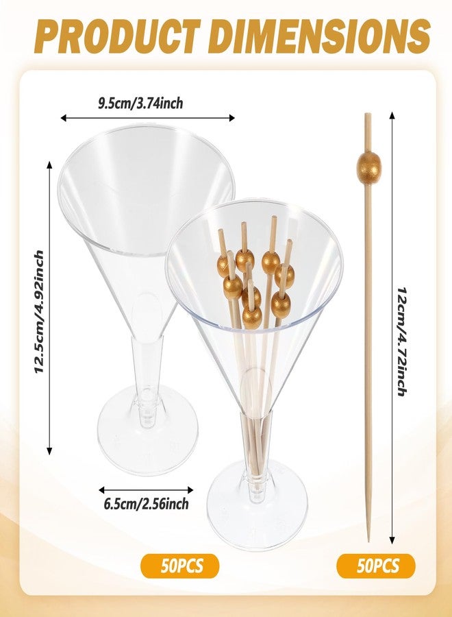 مجموعة أكواب مارتيني بلاستيكية شفافة وأعواد كوكتيل ذهبية لؤلؤية، أكواب مارتيني بلاستيكية للاستخدام مرة واحدة، أكواب حلوى صغيرة شفافة لحفلات الزفاف والمناسبات والحفلات والنبيذ والمقبلات والطعام (100 قطعة، 7 أونصة) - Image 2