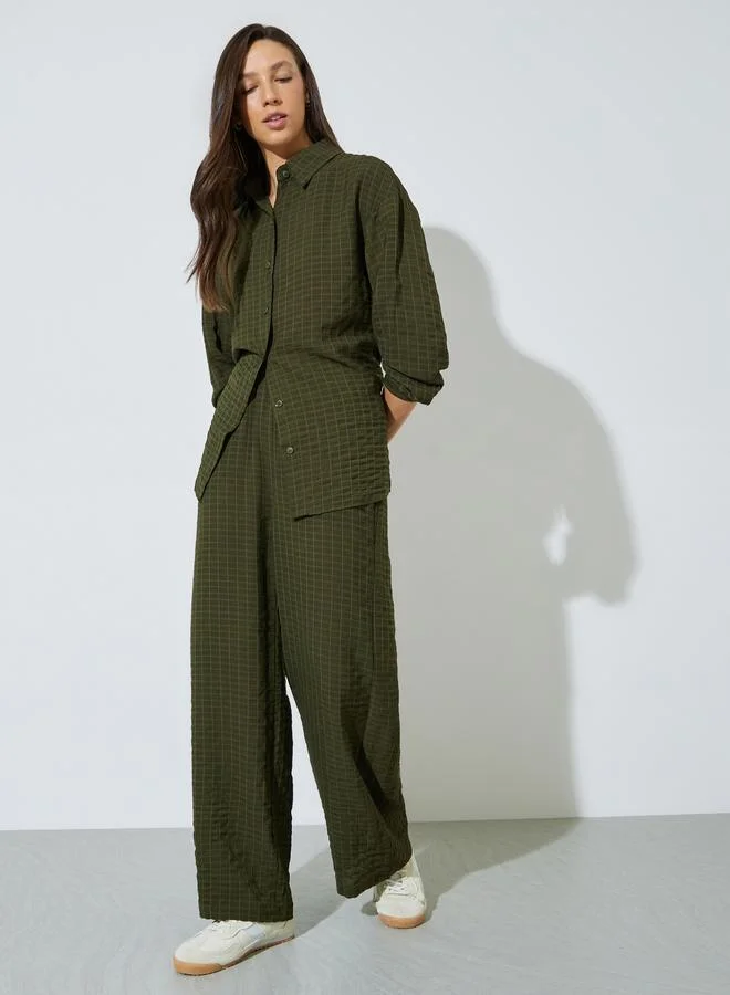Styli  Olive Textured Shirt and Trousers Co-ord Set for Women | Best Price UAE