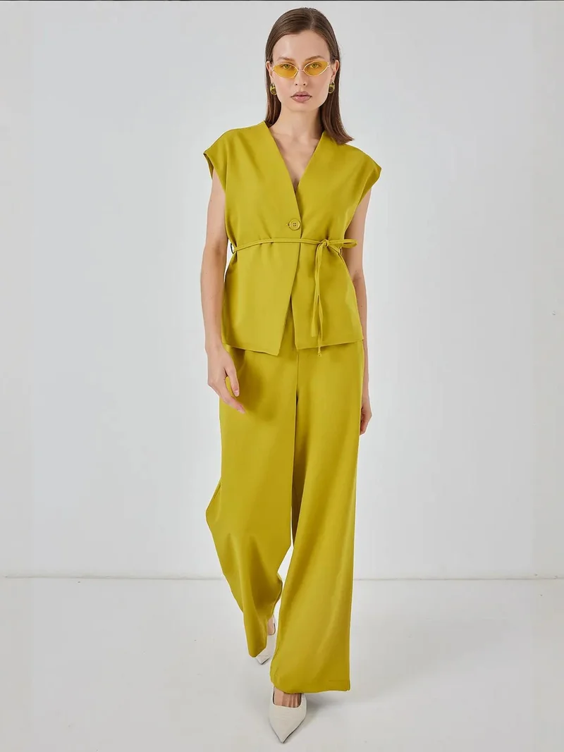 BDART V-Neck Buttoned Top & Wide Leg Pants Two-Piece Coord Set