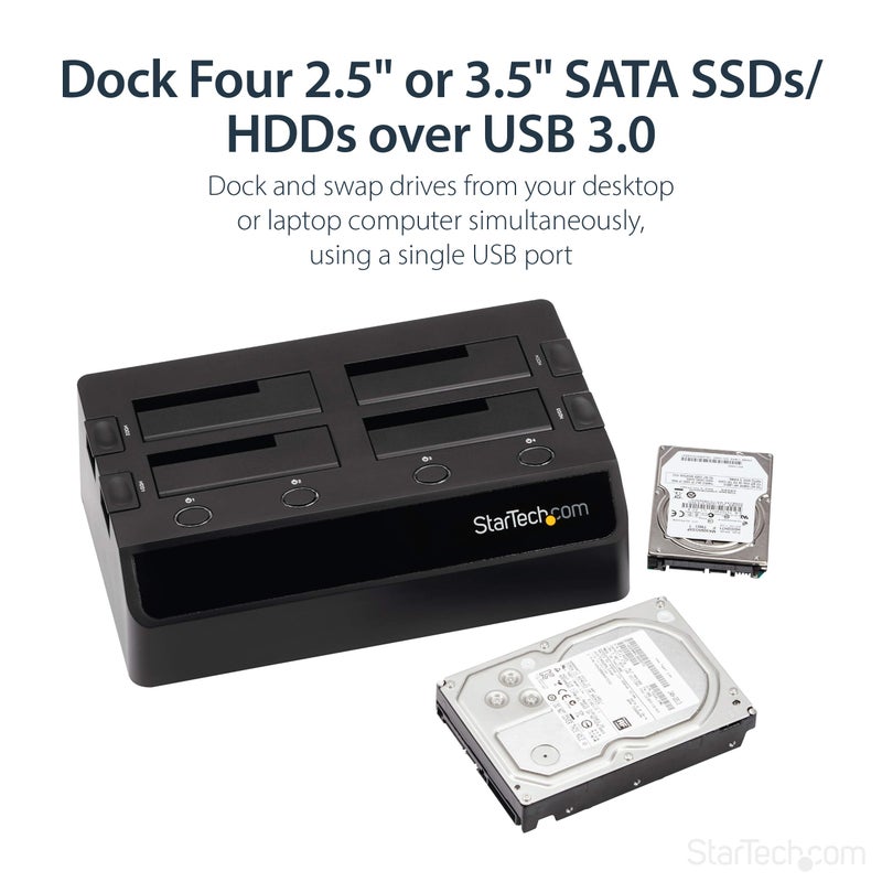 StarTech.com 4-Bay USB 3.0 To SATA Hard Drive Docking Station, USB Hard Drive Dock, External 2.5/3.5" SATA III SSD/HDD Docking Station, Hot-Swap Hard Drive Bay, Top-Loading (SDOCK4U33),Black - Image 2