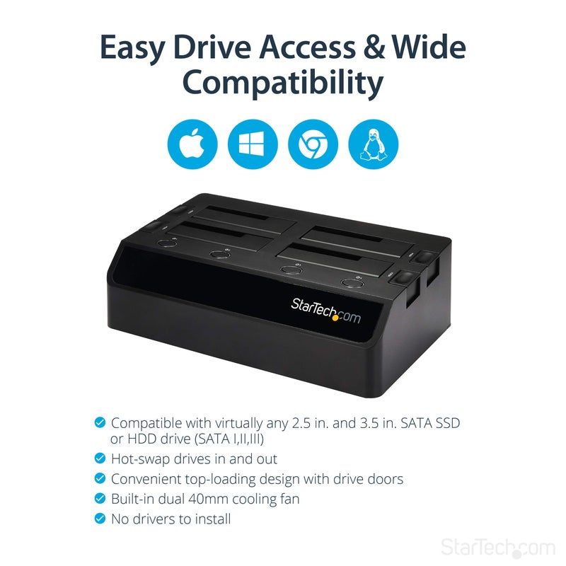 StarTech.com 4-Bay USB 3.0 To SATA Hard Drive Docking Station, USB Hard Drive Dock, External 2.5/3.5" SATA III SSD/HDD Docking Station, Hot-Swap Hard Drive Bay, Top-Loading (SDOCK4U33),Black - Image 4