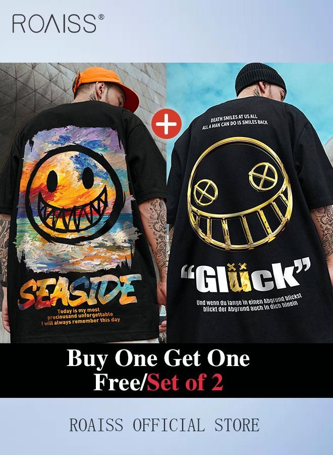 roaiss 2Pcs Men's T-shirt Loose Version Trendy All-Match Pattern Printing Short Sleeves  - Image 1