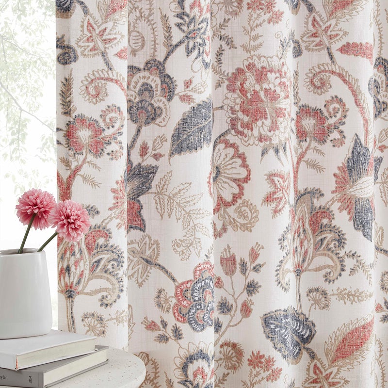 Kayne Studio Backtab Rod Pocket Jacobean Floral Semi Sheer Curtains Botanical Curtains Tab Vintage Farmhouse Drapes for Bedroom Navy Red Light Filtering Window Treatment Sets52x842 Panels