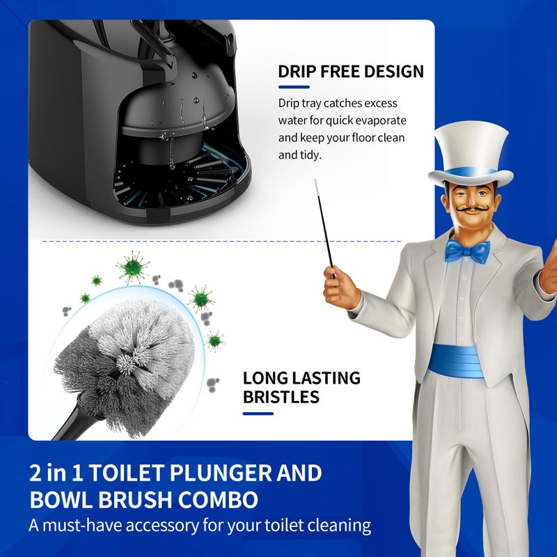 Mr Siga MR.SIGA Toilet Plunger and Bowl Brush with Holder, Heavy Duty Toilet Brush and Plunger Set for Bathroom Cleaning, Black, 1 Set - Image 2