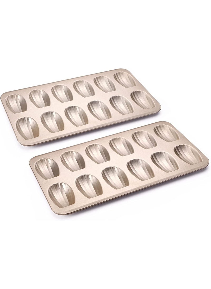 Nonstick Bakeware 2-Pack 12-Cavity Heavy Duty Cookie Trays, Oven Safe, Warp Resistant Crust Shape Mold Cake Pans, Champagne Gold - Image 1