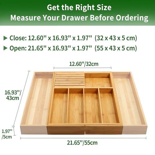 VaeFae Bamboo Silverware Drawer Organizer Kitchen, Expandable Utensil Organizer with Knife Block, Cutlery Tray with Divider, Multifunctional Wooden Drawer Organizer - Image 3