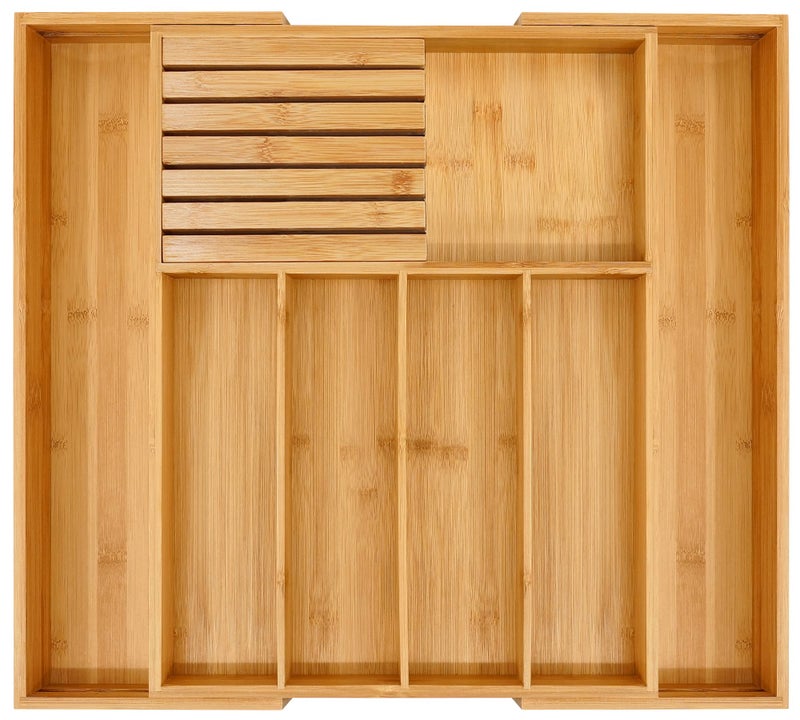 VaeFae Bamboo Silverware Drawer Organizer Kitchen, Expandable Utensil Organizer with Knife Block, Cutlery Tray with Divider, Multifunctional Wooden Drawer Organizer - Image 1