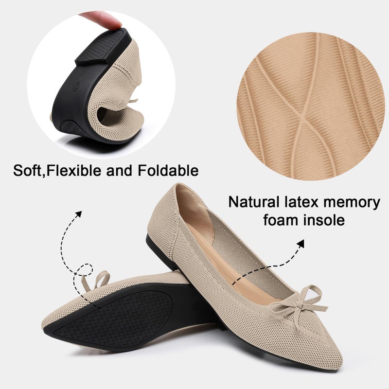 TINGRISE Women's Flats Pointed Toe Bow Knit Ballet Shoes Comfortable Dressy Mesh Slip On Flat Begie US7 Beige - Image 5