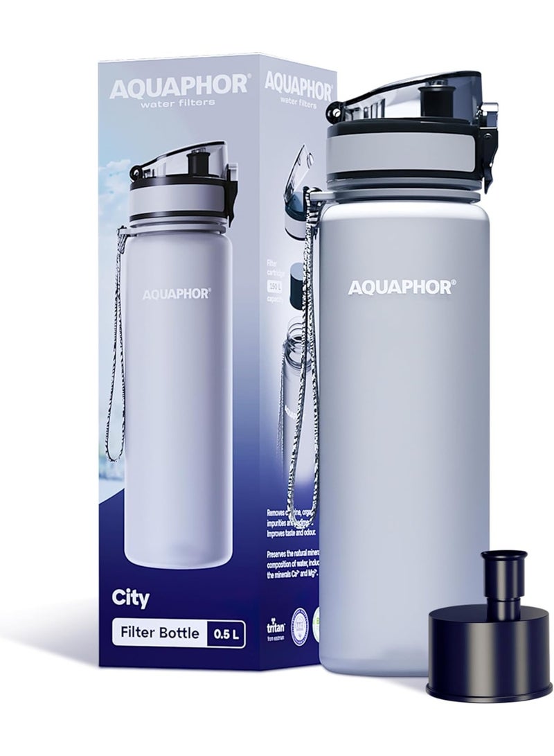 Aquaphor City Water Filter Bottle 500ml, Portable Travel Water Purifier Bottle with Activated Carbon Filter, BPA-Free Tritan Material, Reduces Chlorine & Odor, Eco-Friendly Reusable Bottle For Daily Use (Grey) - Image 1