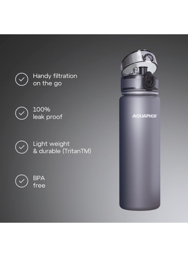 Aquaphor City Water Filter Bottle 500ml, Portable Travel Water Purifier Bottle with Activated Carbon Filter, BPA-Free Tritan Material, Reduces Chlorine & Odor, Eco-Friendly Reusable Bottle For Daily Use (Grey) - Image 2