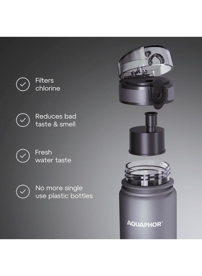Aquaphor City Water Filter Bottle 500ml, Portable Travel Water Purifier Bottle with Activated Carbon Filter, BPA-Free Tritan Material, Reduces Chlorine & Odor, Eco-Friendly Reusable Bottle For Daily Use (Grey) - Image 3