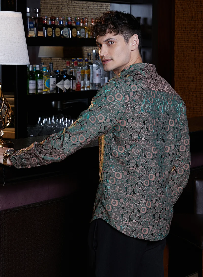 Campus Sutra Campus Sutra Men's Forest Green Electric-Roses Shirt For Casual Wear | Spread Collar | Long Cuffed Sleeves | Button Closure | Shirt Crafted With Comfort Fit For Everyday Wear