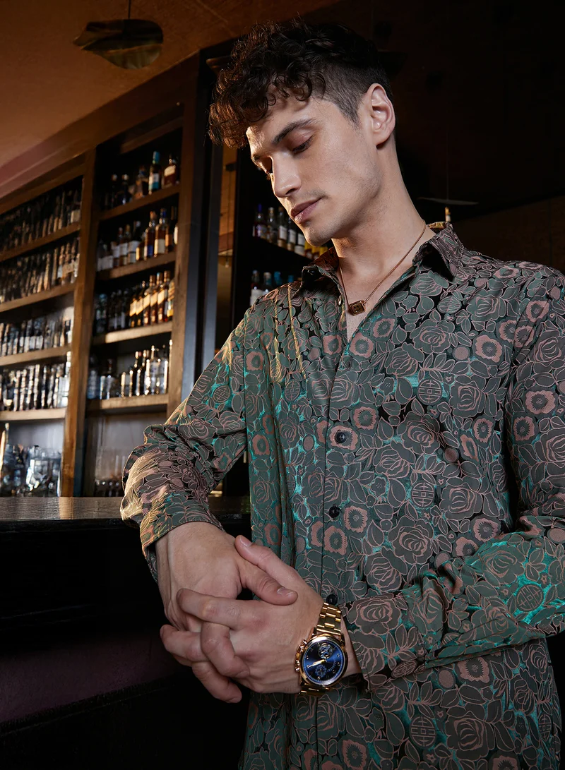 Campus Sutra Campus Sutra Men's Forest Green Electric-Roses Shirt For Casual Wear | Spread Collar | Long Cuffed Sleeves | Button Closure | Shirt Crafted With Comfort Fit For Everyday Wear