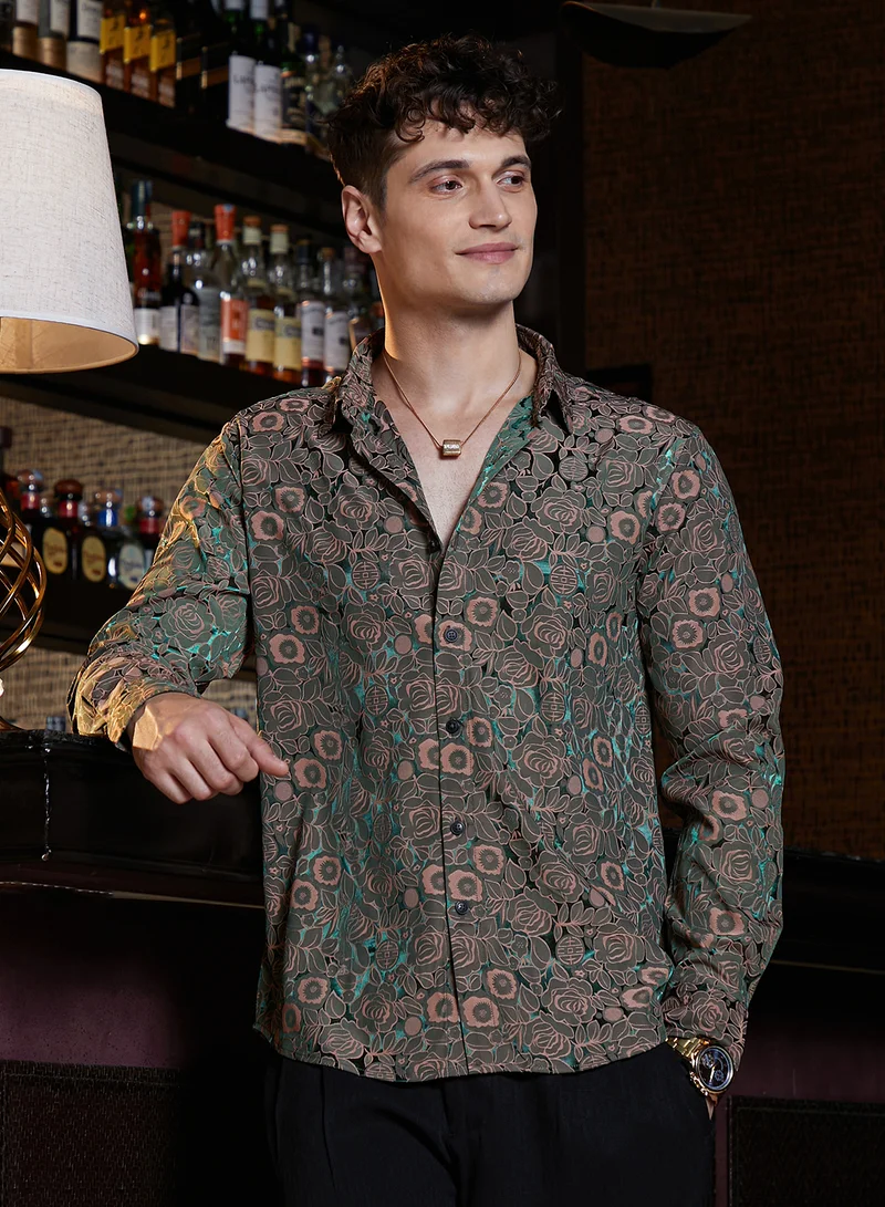 Campus Sutra Campus Sutra Men's Forest Green Electric-Roses Shirt For Casual Wear | Spread Collar | Long Cuffed Sleeves | Button Closure | Shirt Crafted With Comfort Fit For Everyday Wear