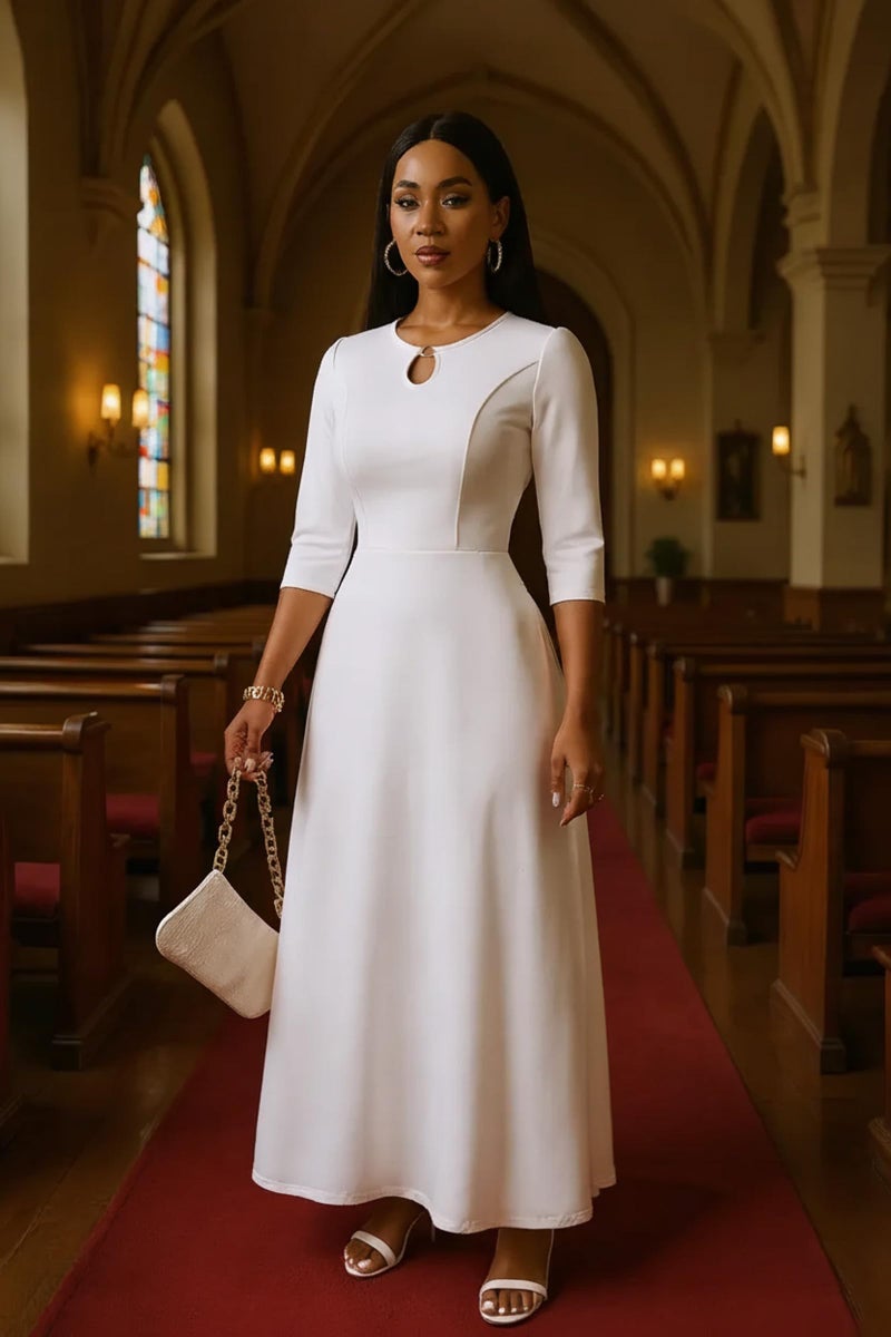 FANDEE Women's Maxi Dress Casual Boho Plain Long Dresses 3/4 Sleeve with Pockets White XL - Image 4