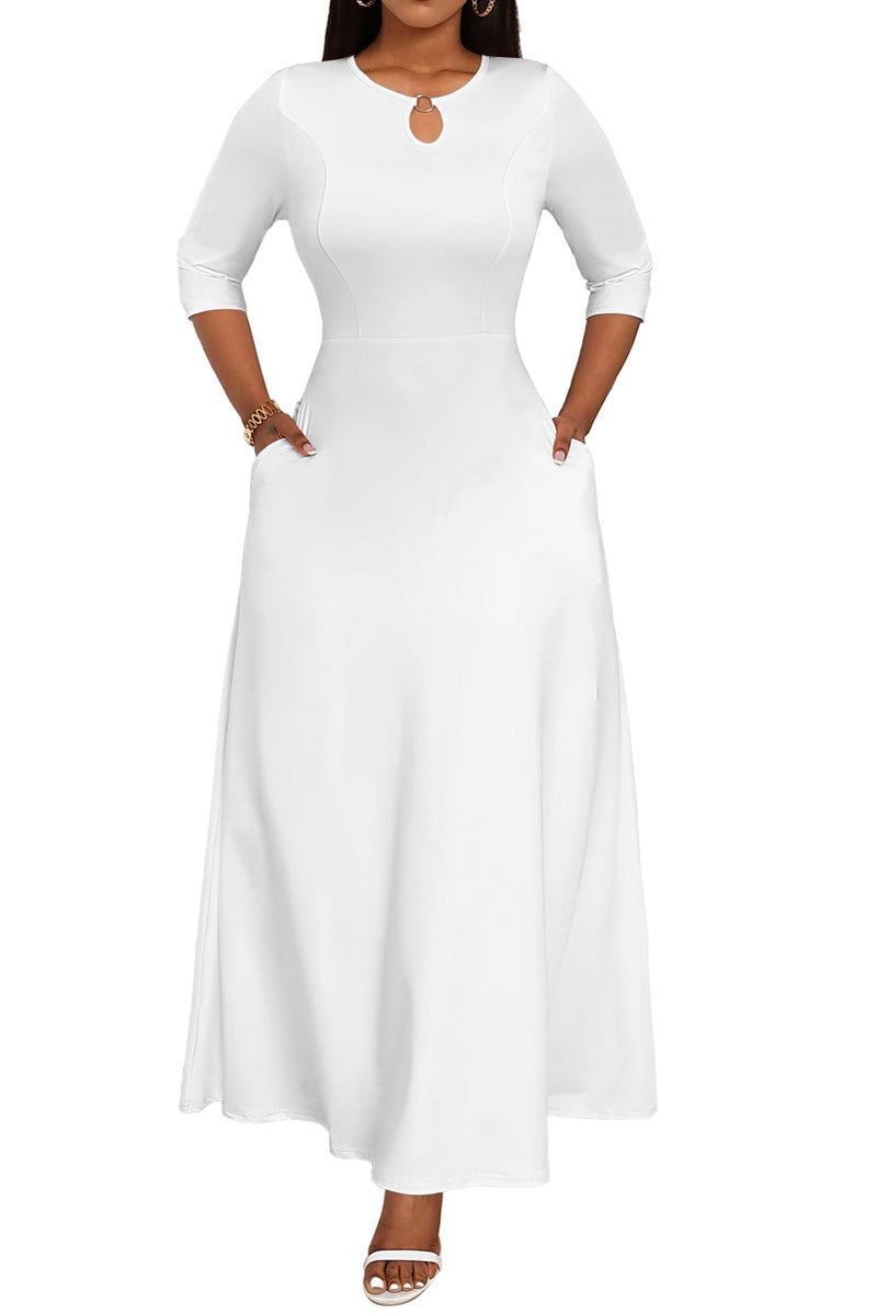 FANDEE Women's Maxi Dress Casual Boho Plain Long Dresses 3/4 Sleeve with Pockets White XL - Image 2