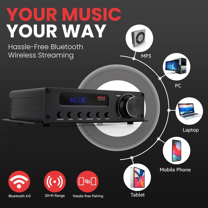 Pyle 100W 5 Channel Audio Amplifier - Wireless Bluetooth Home Theater Power Stereo Receiver with Surround Sound w/HDMI, AUX, FM Antenna, Subwoofer Speaker Input, 12V Adapter - PFA540BT.6 - Image 3