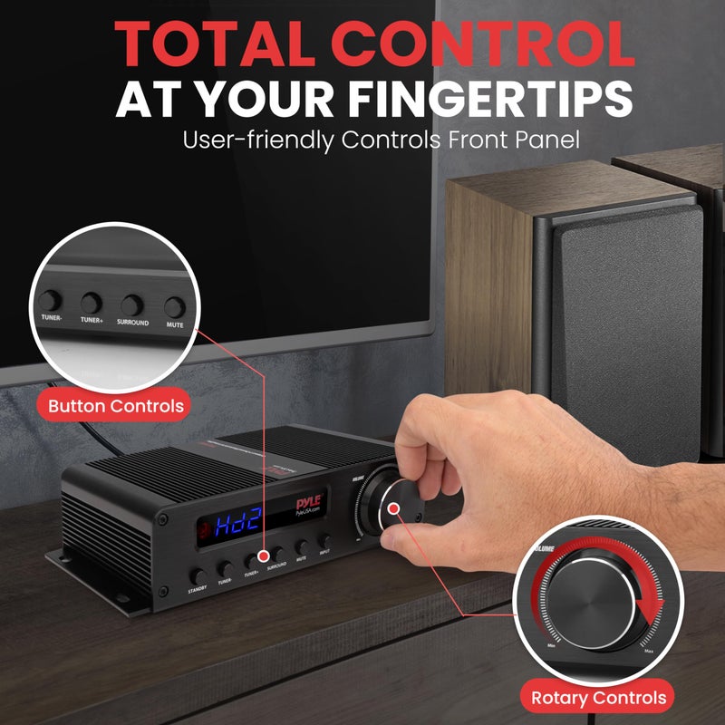 Pyle 100W 5 Channel Audio Amplifier - Wireless Bluetooth Home Theater Power Stereo Receiver with Surround Sound w/HDMI, AUX, FM Antenna, Subwoofer Speaker Input, 12V Adapter - PFA540BT.6 - Image 5