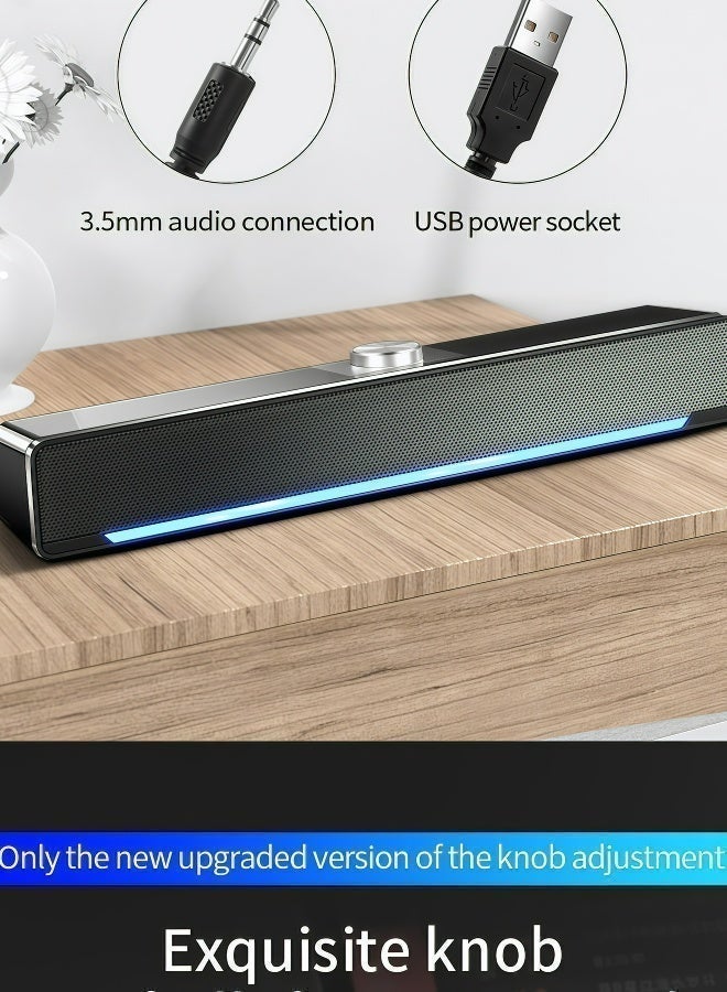 Flushrenic Computer speaker, long speaker, 3.5mm auxiliary input and USB power supply, ice blue light strip, 2.0 channels, 3-watt output, 12.6 x 2.5 x 2.7 inch black computer speaker - Image 4