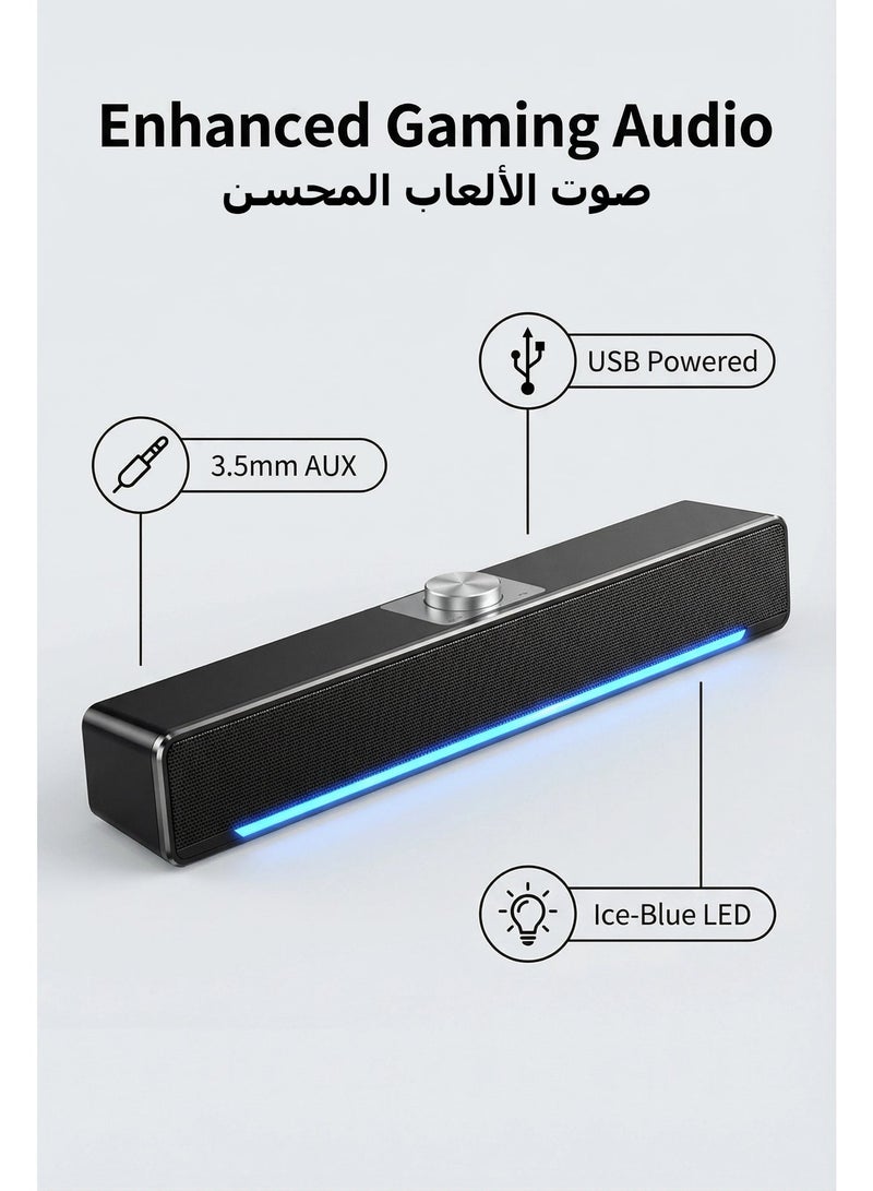 Flushrenic Computer speaker, long speaker, 3.5mm auxiliary input and USB power supply, ice blue light strip, 2.0 channels, 3-watt output, 12.6 x 2.5 x 2.7 inch black computer speaker - Image 1