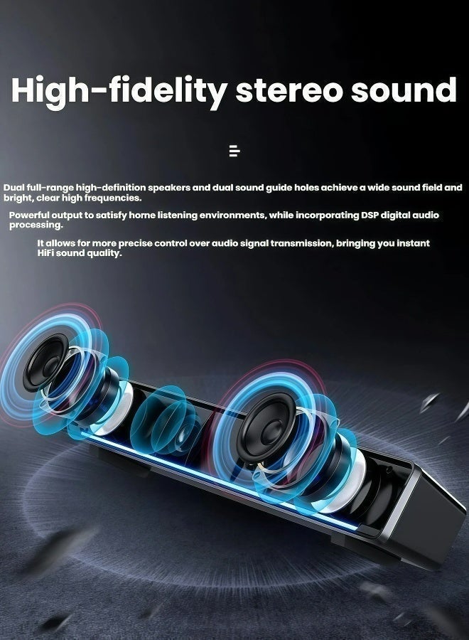 Flushrenic Computer speaker, long speaker, 3.5mm auxiliary input and USB power supply, ice blue light strip, 2.0 channels, 3-watt output, 12.6 x 2.5 x 2.7 inch black computer speaker - Image 5
