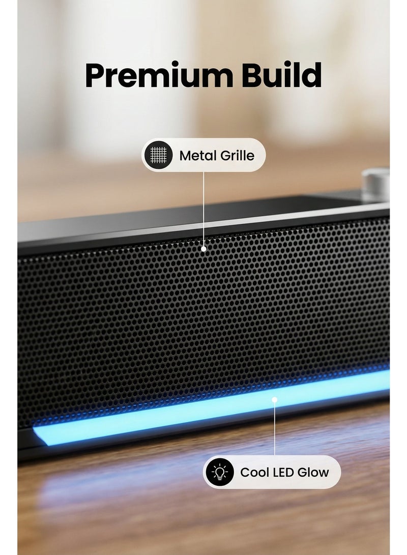 Flushrenic Computer speaker, long speaker, 3.5mm auxiliary input and USB power supply, ice blue light strip, 2.0 channels, 3-watt output, 12.6 x 2.5 x 2.7 inch black computer speaker - Image 3