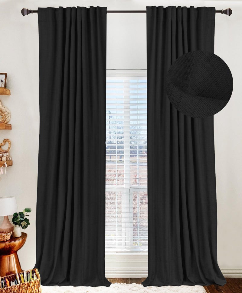 100% Blackout Shield Linen Blackout Curtains for Bedroom 63 Inches Long Back Tab/Rod Pocket Living Room Drapes Thermal Insulated Textured Blackout Curtains 2 Panels Set 50"" W x 63"" L Black - Image 1